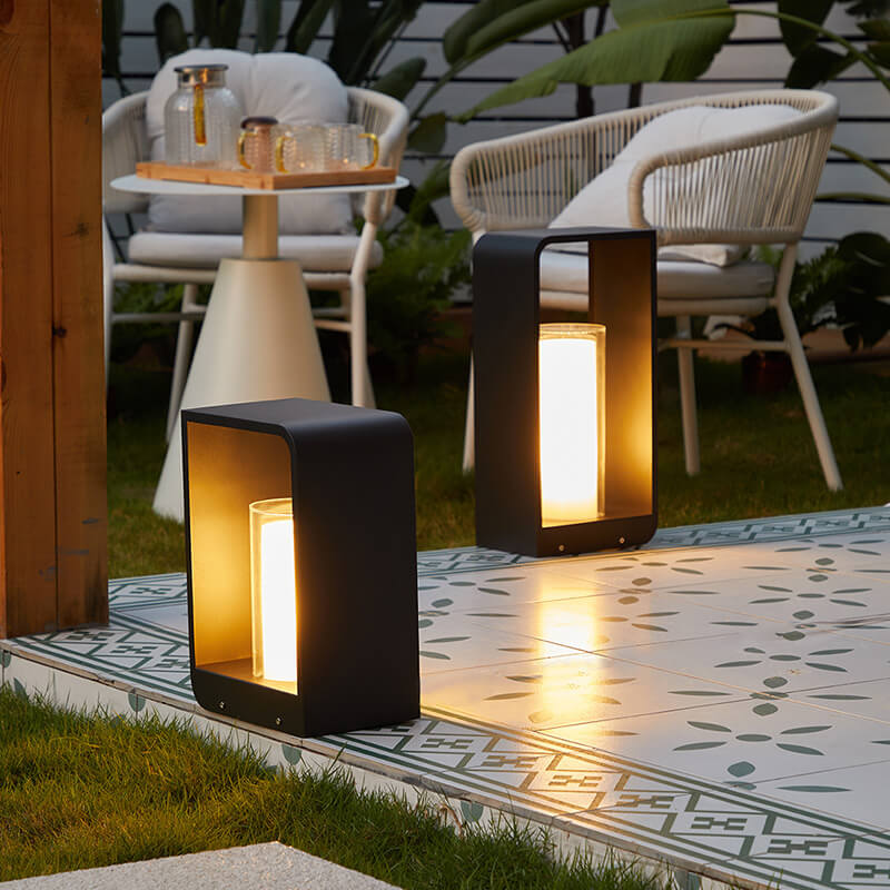 Modern Minimalist Square Frame Stainless Steel Acrylic LED Lawn Light Outdoor Landscape Post Light Hardwired or Solar for Garden | Patio and Pathway