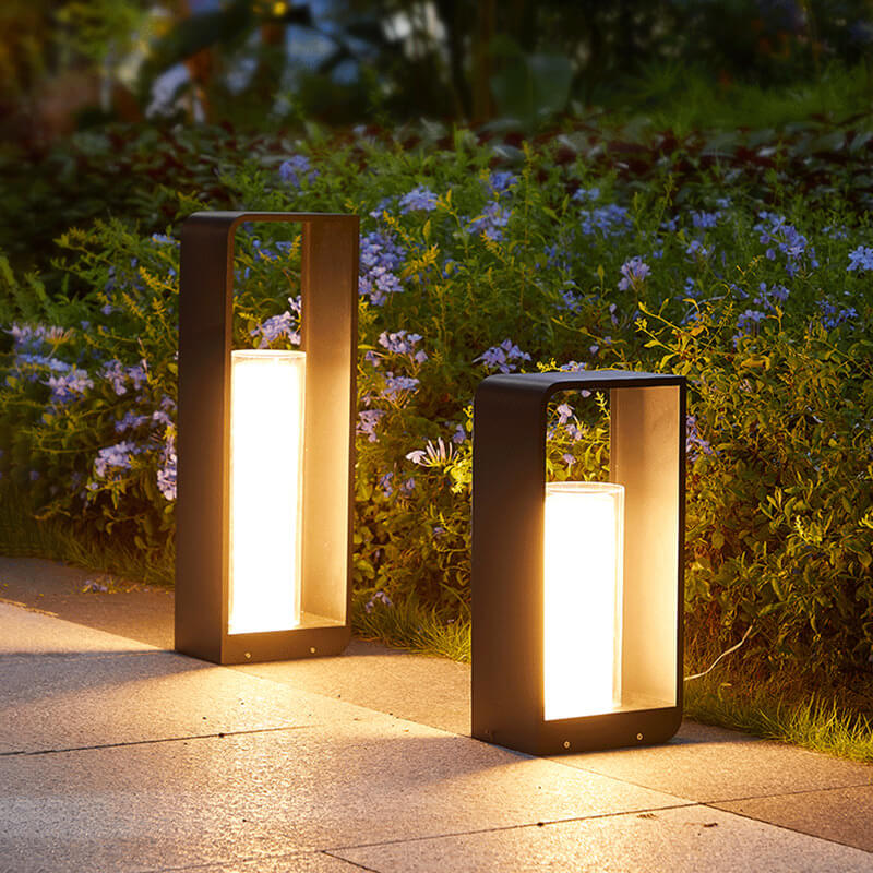 Modern Minimalist Square Frame Stainless Steel Acrylic LED Lawn Light Outdoor Landscape Post Light Hardwired or Solar for Garden | Patio and Pathway