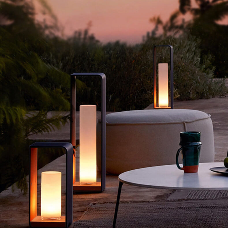 Modern Minimalist Square Frame Stainless Steel Acrylic LED Lawn Light Outdoor Landscape Post Light Hardwired or Solar for Garden | Patio and Pathway