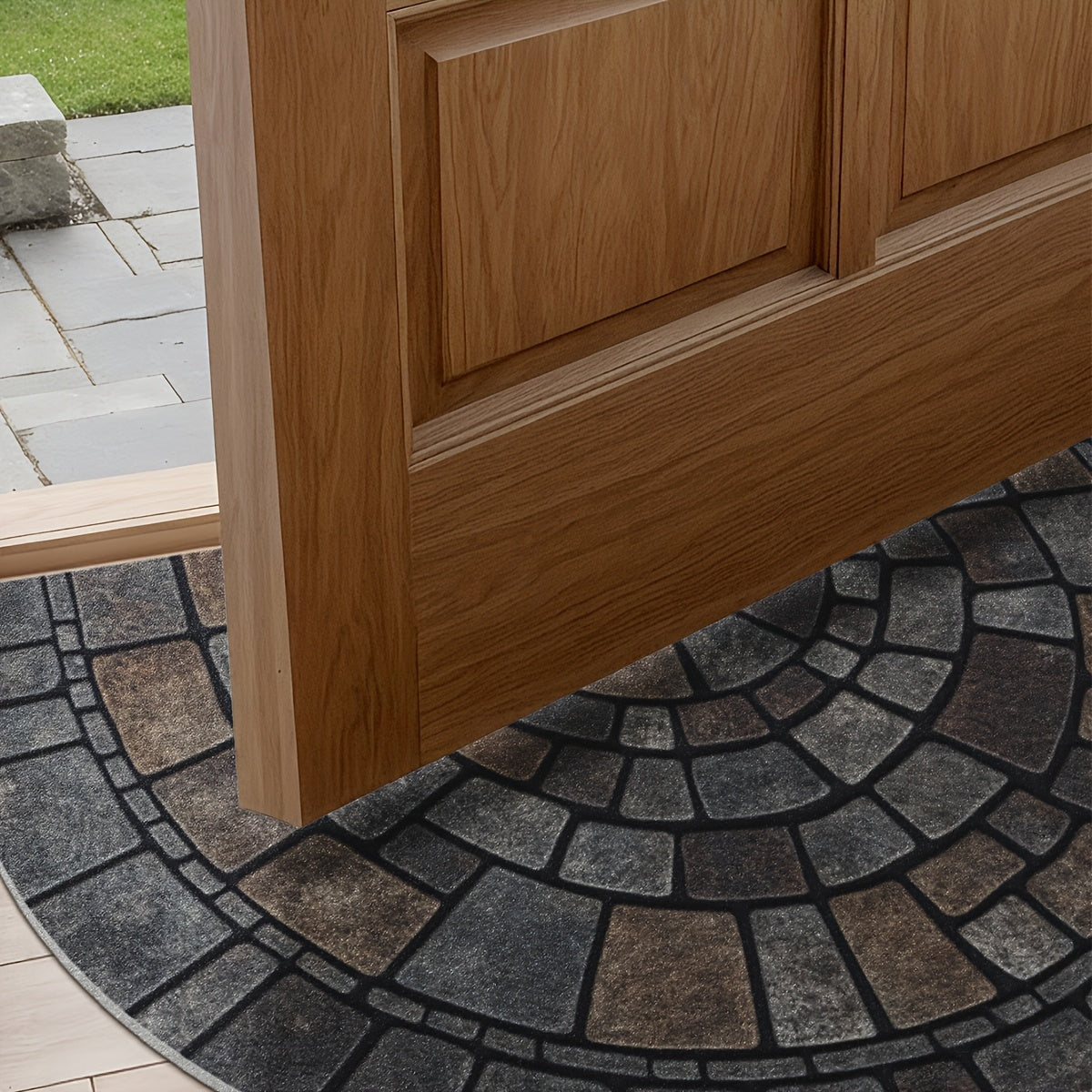 Half-Circle Mosaic Door Mat Semi-Round Stone-Effect Entrance Mat Non-Slip Polyester Indoor Outdoor Doormat for Front Door | Patio and Laundry