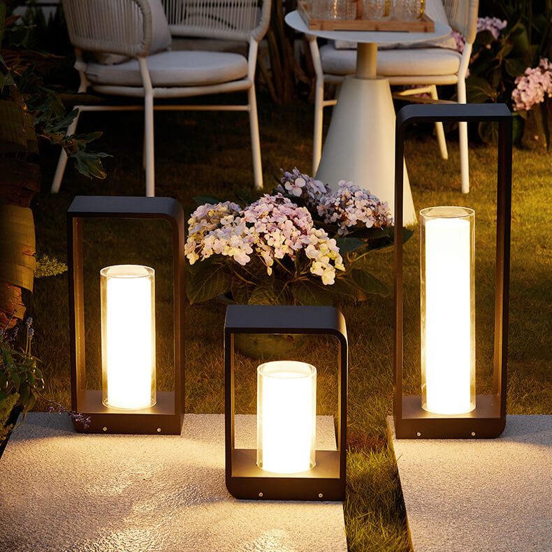 Modern Minimalist Square Frame Stainless Steel Acrylic LED Lawn Light Outdoor Landscape Post Light Hardwired or Solar for Garden | Patio and Pathway