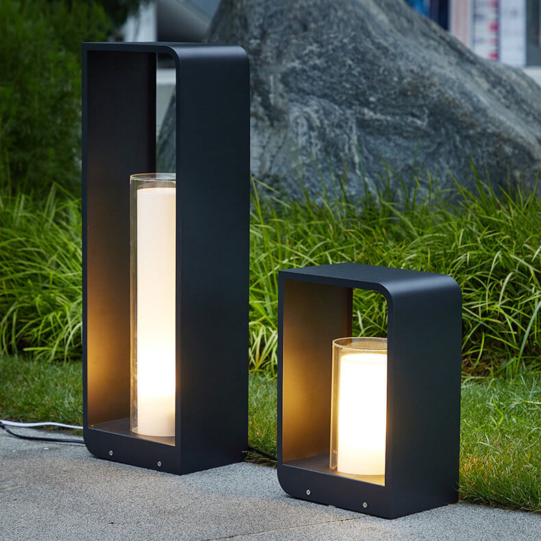 Modern Minimalist Square Frame Stainless Steel Acrylic LED Lawn Light Outdoor Landscape Post Light Hardwired or Solar for Garden | Patio and Pathway