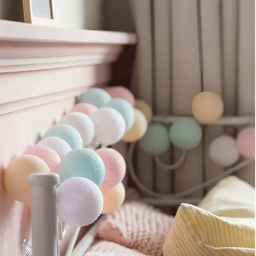 Cotton Ball String Lights LED Fairy Light Garland USB or Battery Powered Warm Glow for Bedroom | Nursery and Party Decoration