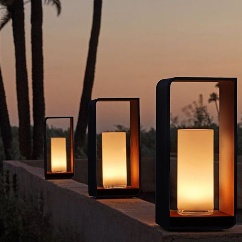 Modern Minimalist Square Frame Stainless Steel Acrylic LED Lawn Light Outdoor Landscape Post Light Hardwired or Solar for Garden | Patio and Pathway