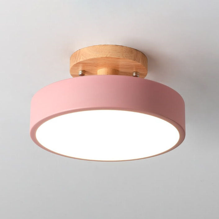 Nordic Wooden Round LED Semi-Flush Mount Ceiling Light Integrated LED Low Profile for Hallway | Living Room and Bedroom