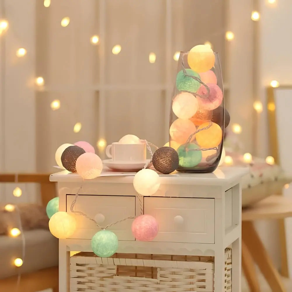 Cotton Ball String Lights LED Fairy Light Garland USB or Battery Powered Warm Glow for Bedroom | Nursery and Party Decoration