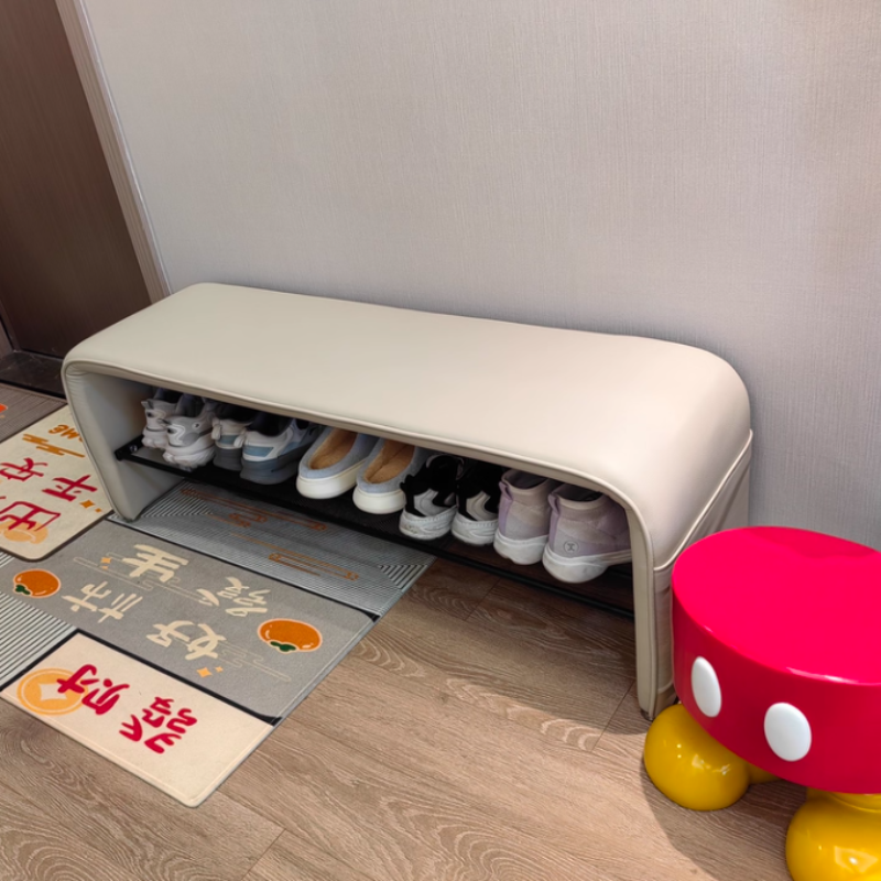 Modern Minimalist Shoe Bench Synthetic Leather Padded Seat Carbon Steel Frame with Storage Shelf Entryway Bench for Hallway | Bedroom and Living Room