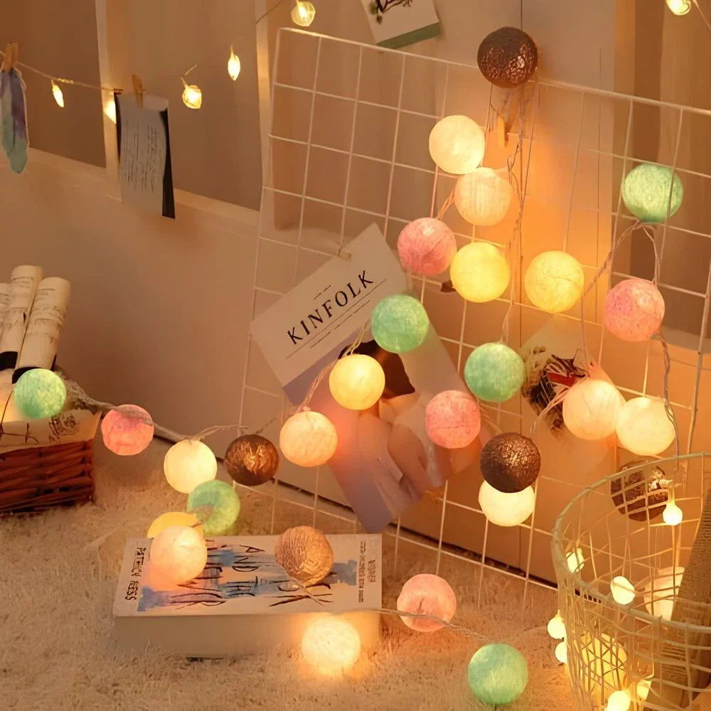 Cotton Ball String Lights LED Fairy Light Garland USB or Battery Powered Warm Glow for Bedroom | Nursery and Party Decoration