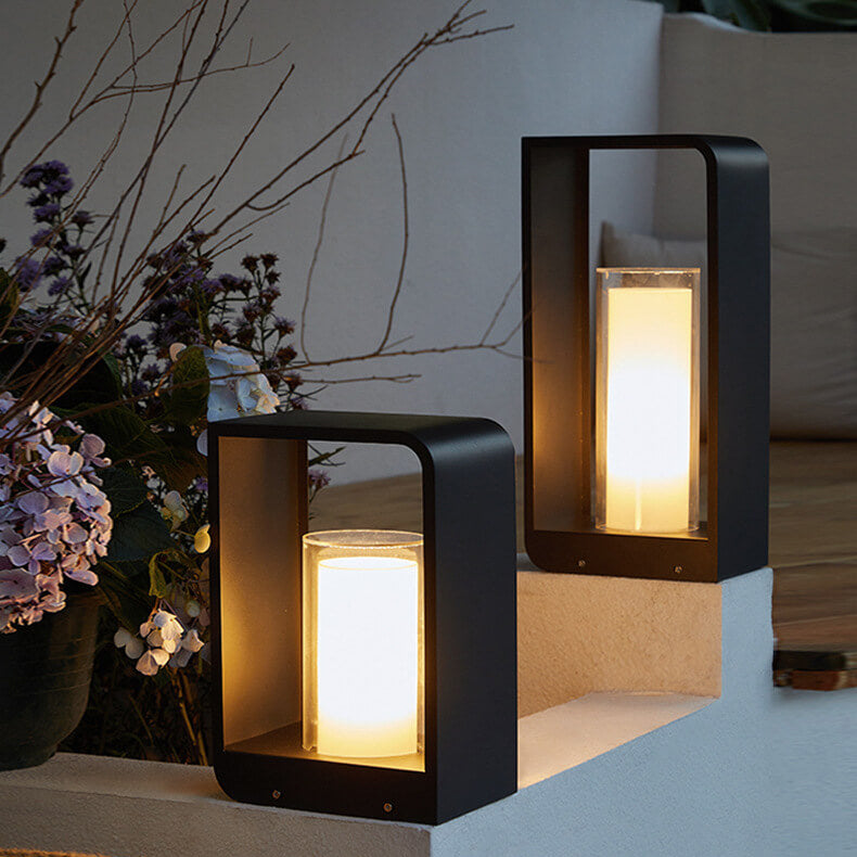 Modern Minimalist Square Frame Stainless Steel Acrylic LED Lawn Light Outdoor Landscape Post Light Hardwired or Solar for Garden | Patio and Pathway