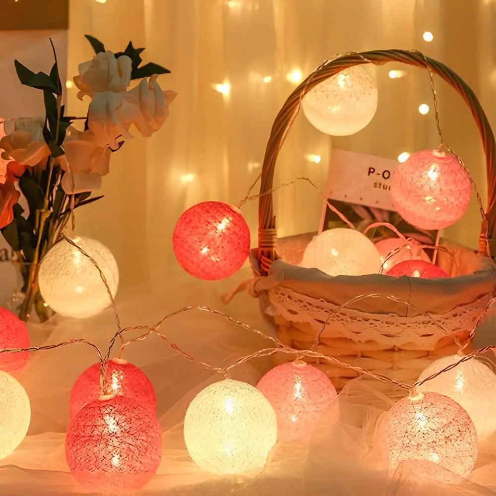 Cotton Ball String Lights LED Fairy Light Garland USB or Battery Powered Warm Glow for Bedroom | Nursery and Party Decoration