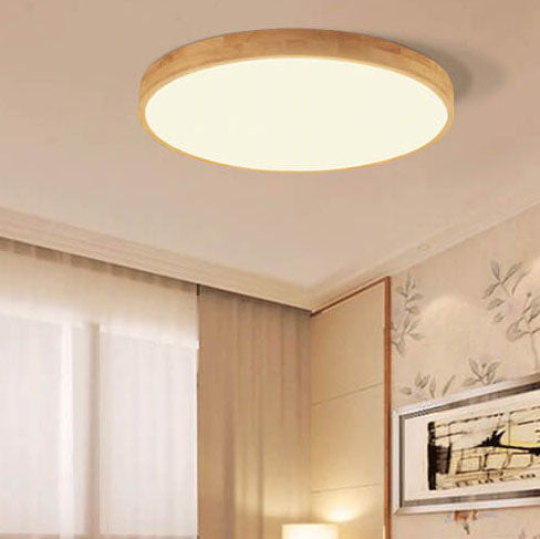 Nordic Solid Wood Round Ultra-Thin LED Flush Mount Ceiling Light Integrated LED Dimmable Option for Living Room | Bedroom and Hallway