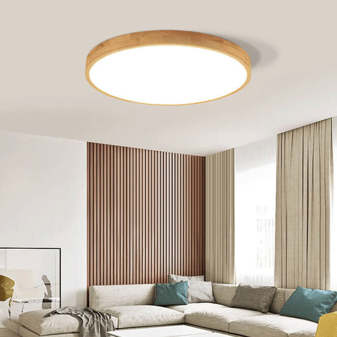Nordic Solid Wood Round Ultra-Thin LED Flush Mount Ceiling Light Integrated LED Dimmable Option for Living Room | Bedroom and Hallway