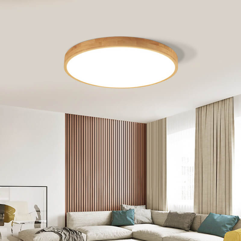 Nordic Solid Wood Round Ultra-Thin LED Flush Mount Ceiling Light Integrated LED Dimmable Option for Living Room | Bedroom and Hallway