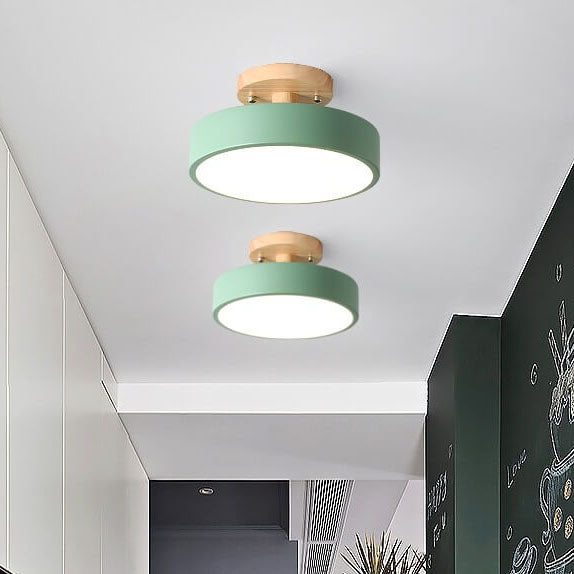 Nordic Wooden Round LED Semi-Flush Mount Ceiling Light Integrated LED Low Profile for Hallway | Living Room and Bedroom