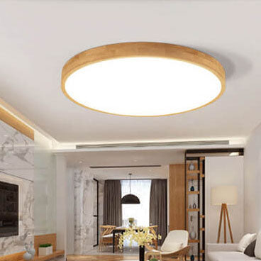 Nordic Solid Wood Round Ultra-Thin LED Flush Mount Ceiling Light Integrated LED Dimmable Option for Living Room | Bedroom and Hallway