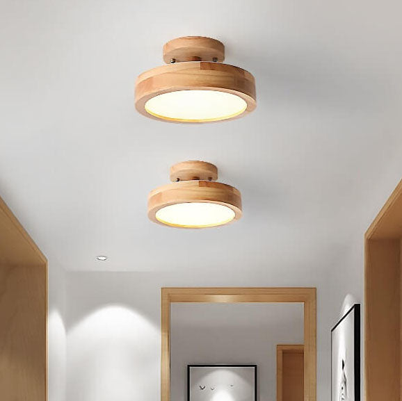 Nordic Wooden Round LED Semi-Flush Mount Ceiling Light Integrated LED Low Profile for Hallway | Living Room and Bedroom