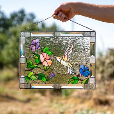 Stained Glass Style Window Hanging Acrylic Suncatcher Bird and Flower Wall Art UV Resistant with Chain for Window | Garden and Balcony