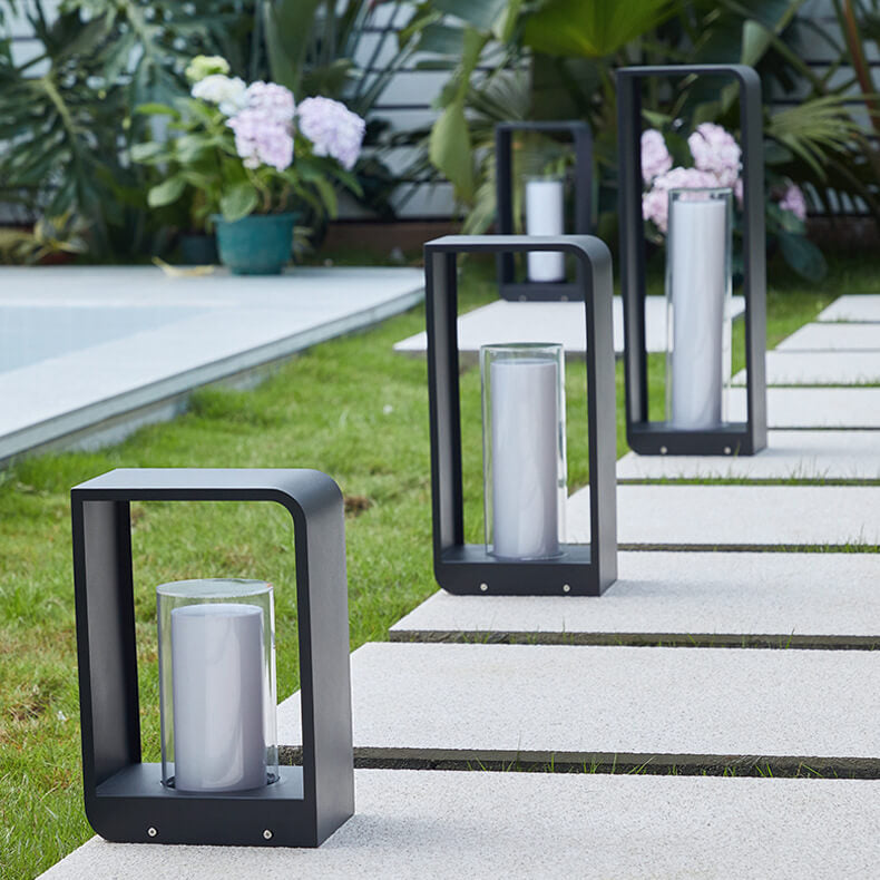 Modern Minimalist Square Frame Stainless Steel Acrylic LED Lawn Light Outdoor Landscape Post Light Hardwired or Solar for Garden | Patio and Pathway