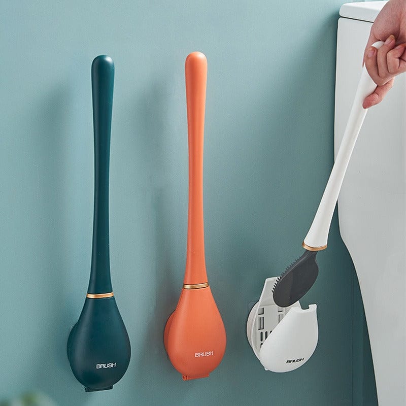 Silicone Toilet Brush with Wall Mounted Holder Flat Head Quick-Drying Hygienic Bathroom Brush Set | Adhesive Wall Hook Included