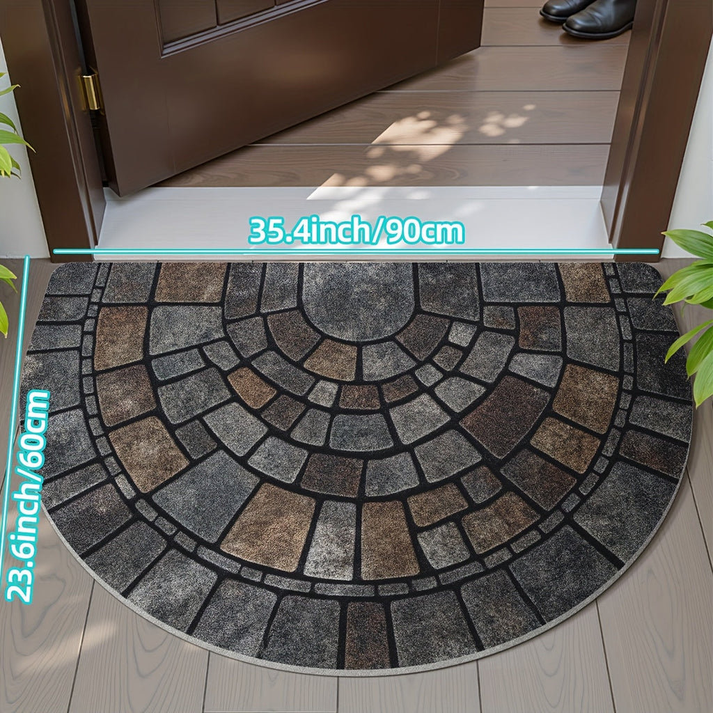 Half-Circle Mosaic Door Mat Semi-Round Stone-Effect Entrance Mat Non-Slip Polyester Indoor Outdoor Doormat for Front Door | Patio and Laundry