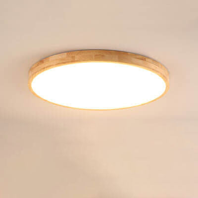 Nordic Solid Wood Round Ultra-Thin LED Flush Mount Ceiling Light Integrated LED Dimmable Option for Living Room | Bedroom and Hallway