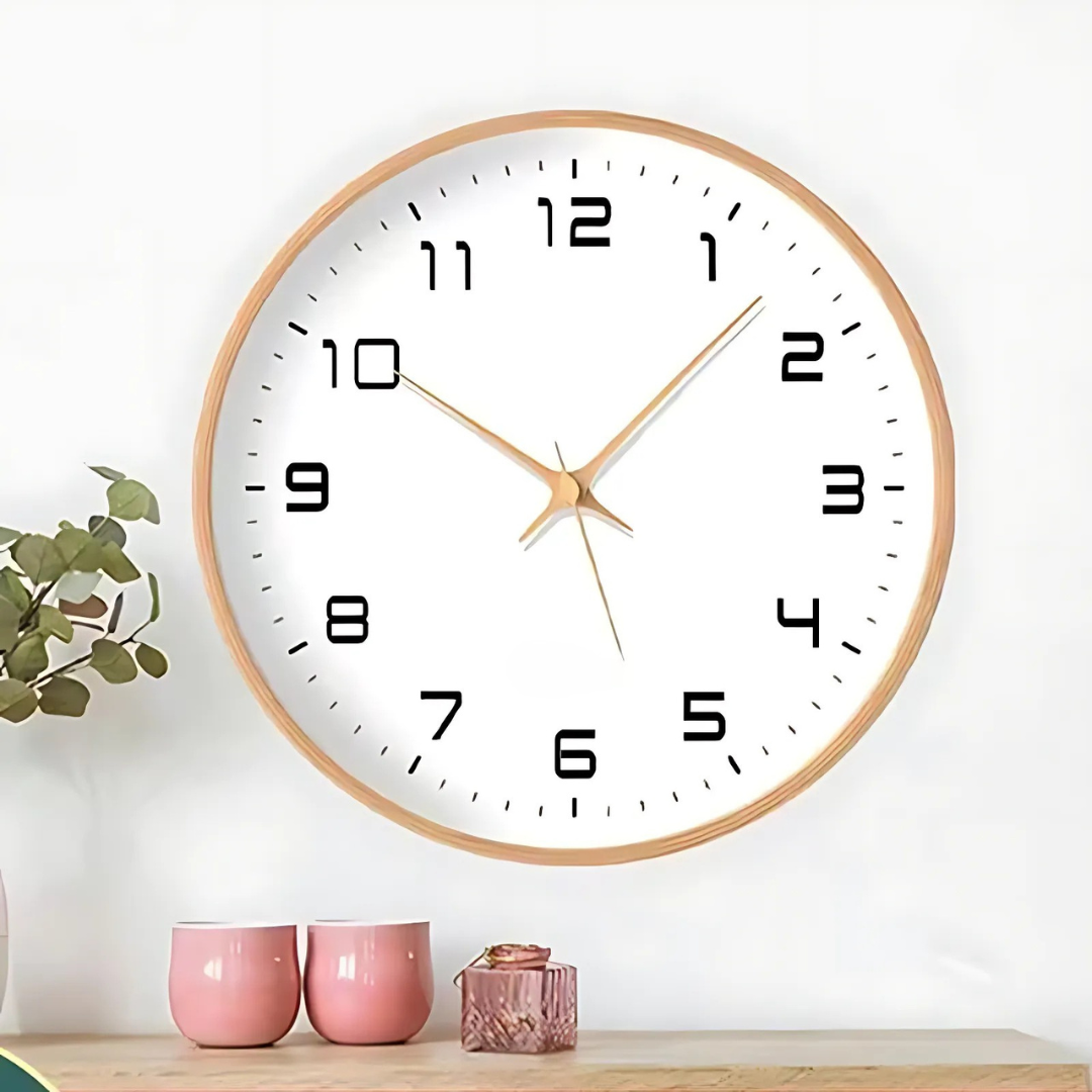 Wooden Wall Clock Silent Quartz Non-Ticking Round Clock Glass Front Clear Numbers Battery Operated for Living Room | Bedroom and Kitchen