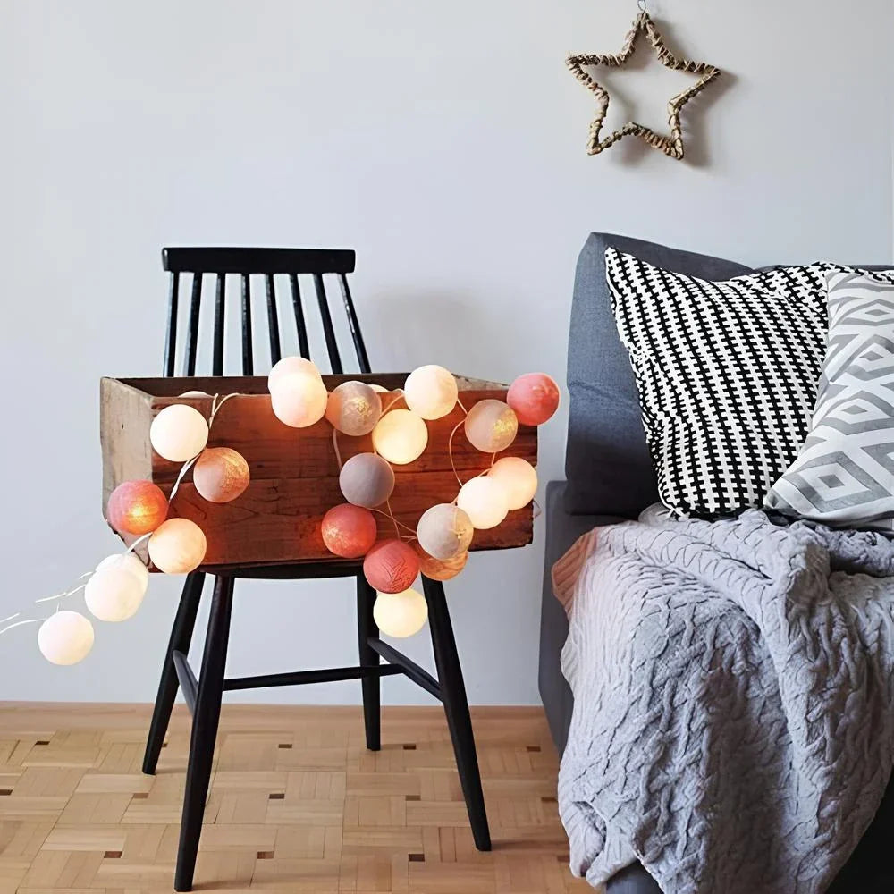 Cotton Ball String Lights LED Fairy Light Garland USB or Battery Powered Warm Glow for Bedroom | Nursery and Party Decoration