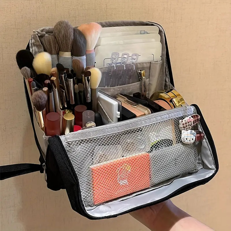 Travel Makeup Bag Structured Waterproof Cosmetic Organiser with Brush Cover and Padded Compartments for Vanity | Suitcase and Weekend Trips