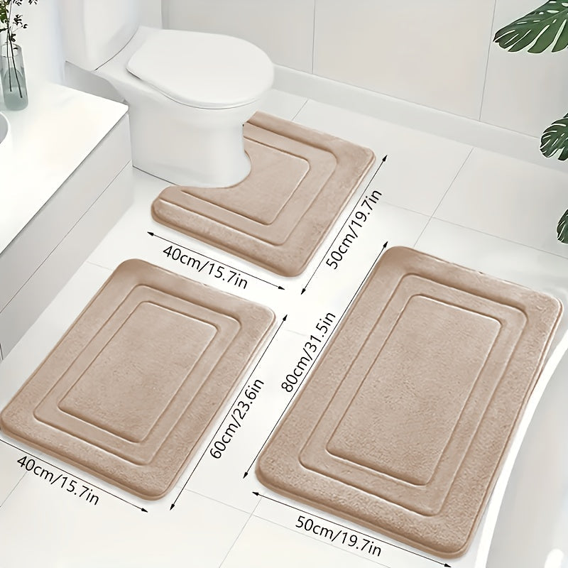 Bath Mat Set Non-Slip Memory Foam Three-Piece Absorbent Microfibre Bathroom Rugs with Toilet Mat Machine Washable