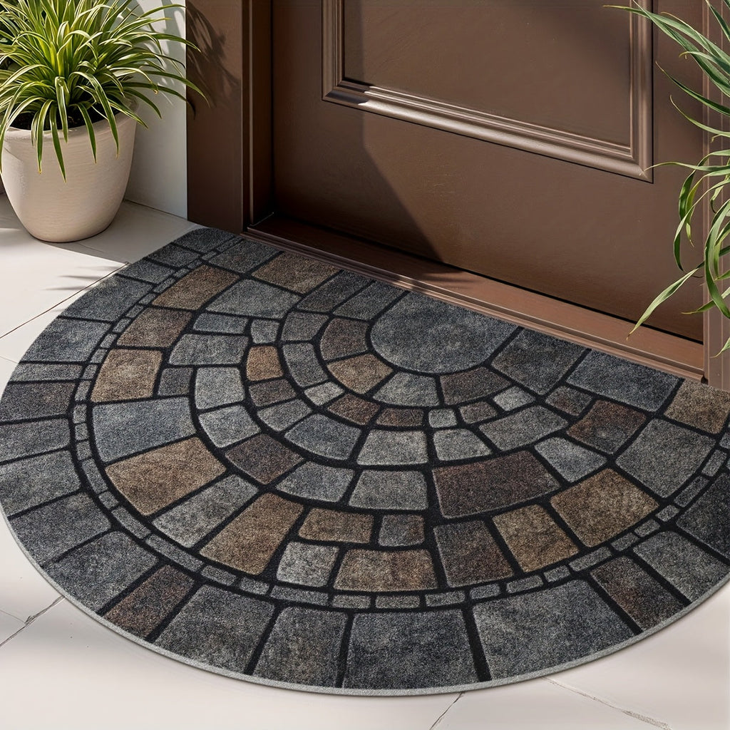 Half-Circle Mosaic Door Mat Semi-Round Stone-Effect Entrance Mat Non-Slip Polyester Indoor Outdoor Doormat for Front Door | Patio and Laundry