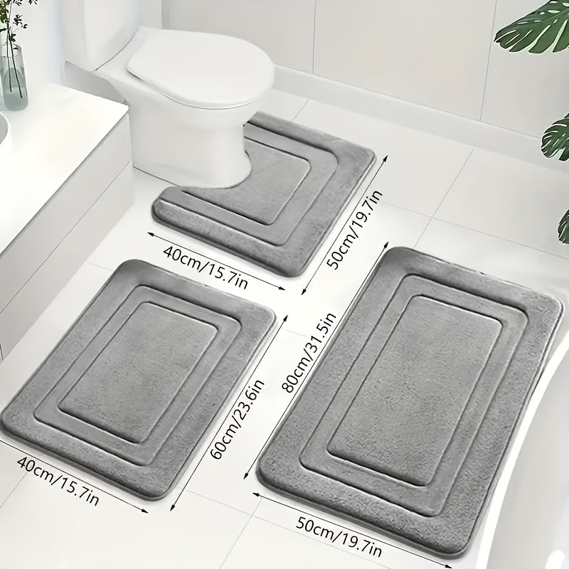 Bath Mat Set Non-Slip Memory Foam Three-Piece Absorbent Microfibre Bathroom Rugs with Toilet Mat Machine Washable