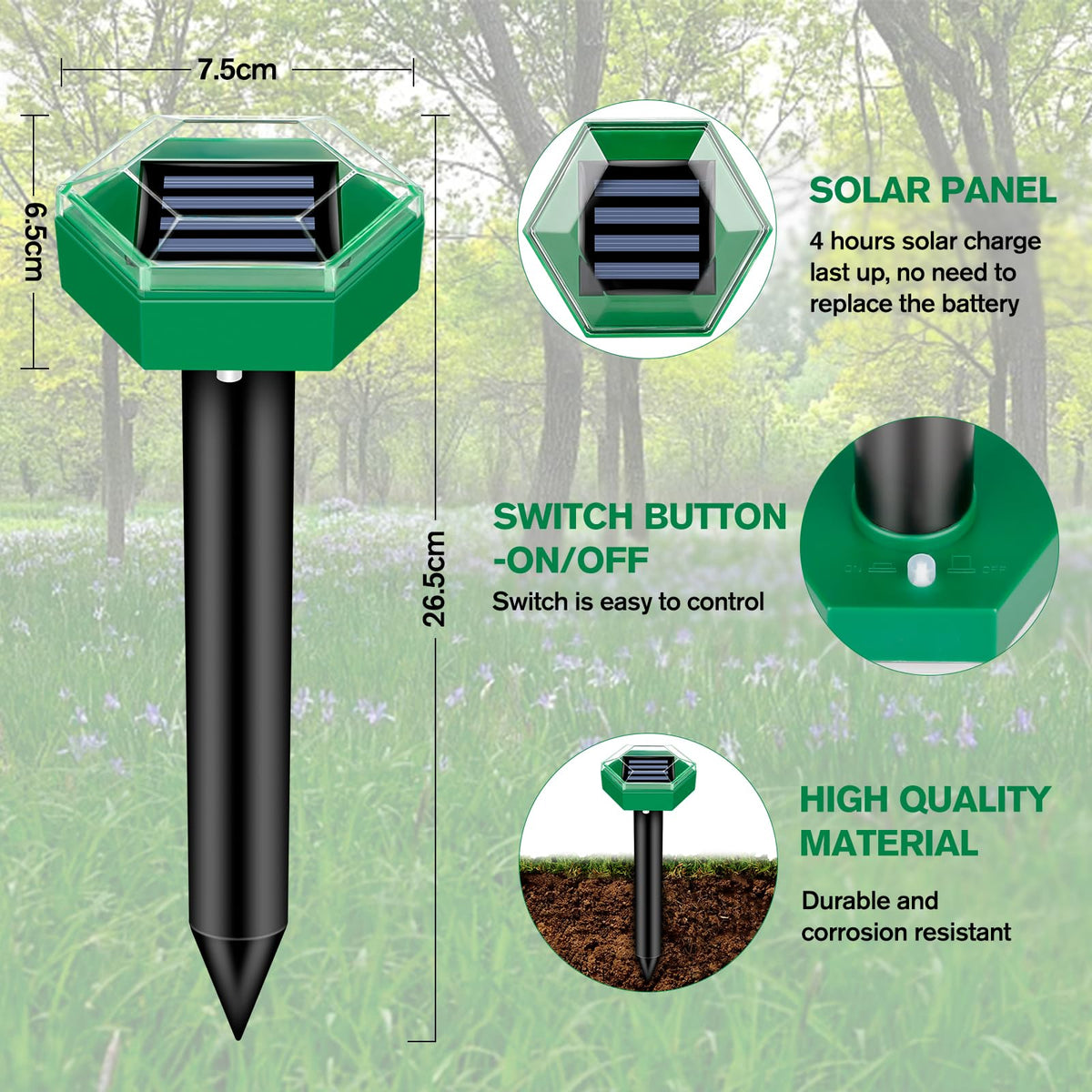 Solar Ultrasonic Mole Repeller Set Waterproof Garden Pest Deterrent Spikes for Lawn | Vegetable Patch and Flower Beds
