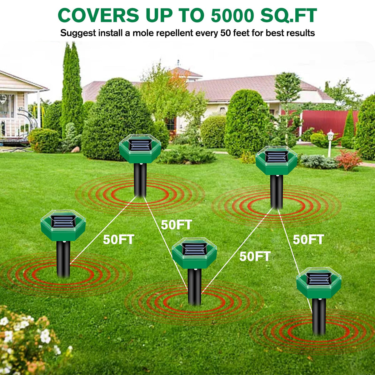Solar Ultrasonic Mole Repeller Set Waterproof Garden Pest Deterrent Spikes for Lawn | Vegetable Patch and Flower Beds