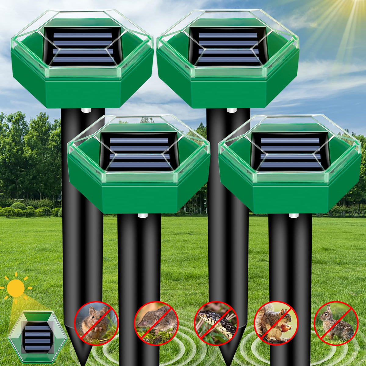 Solar Ultrasonic Mole Repeller Set Waterproof Garden Pest Deterrent Spikes for Lawn | Vegetable Patch and Flower Beds
