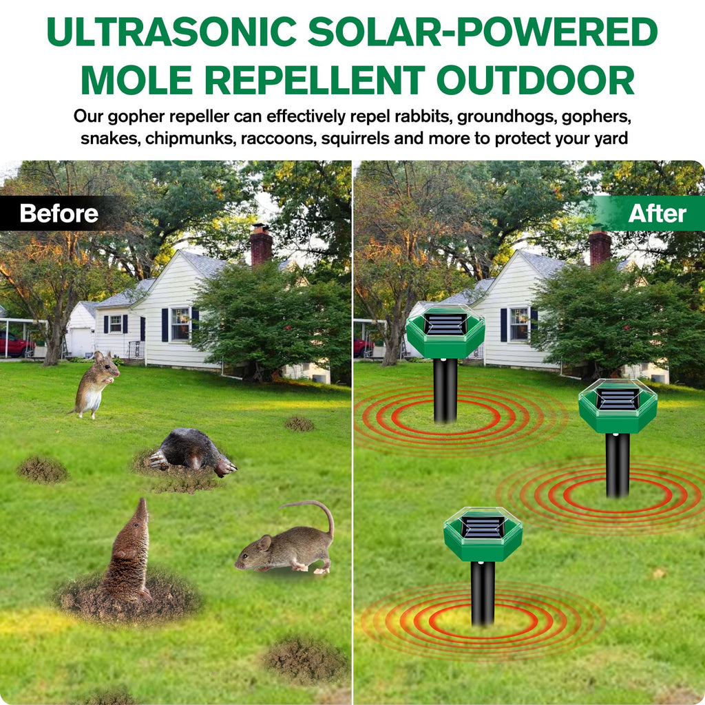 Solar Ultrasonic Mole Repeller Set Waterproof Garden Pest Deterrent Spikes for Lawn | Vegetable Patch and Flower Beds