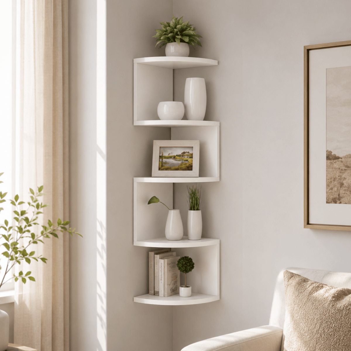 Corner Wall Shelf Multi-Tier Floating Corner Shelves MDF Wall Mounted Storage for Living Room | Bedroom | Office and Hallway