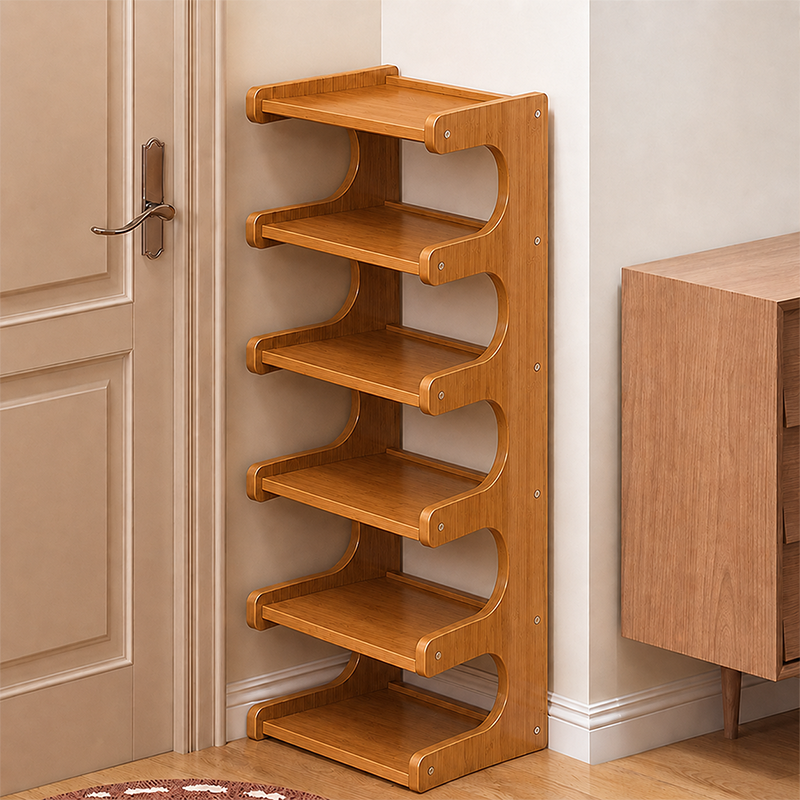Scandinavian Bamboo Shoe Rack Tiered Open Shelf Shoe Storage Organiser Freestanding for Entryway | Hallway and Living Room