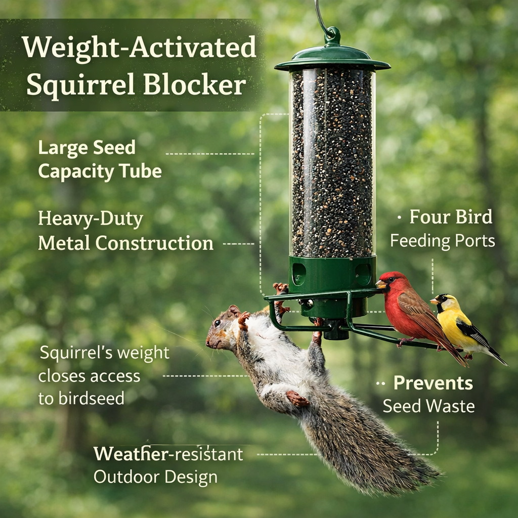Squirrel Proof Bird Feeder Metal Hanging Tube Feeder with Weight-Activated Rotating Perch | Multi-Port Wild Bird Seed Feeder for Garden and Backyard