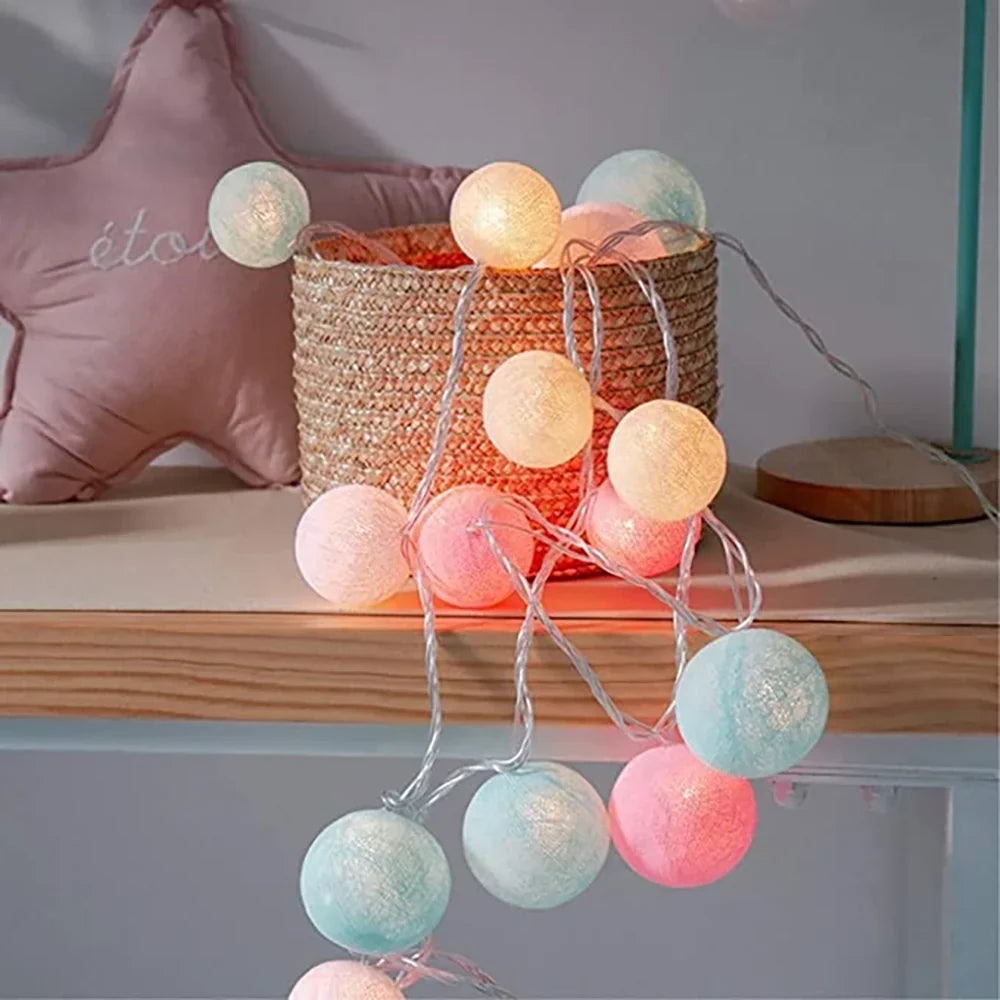 Cotton Ball String Lights LED Fairy Light Garland USB or Battery Powered Warm Glow for Bedroom | Nursery and Party Decoration