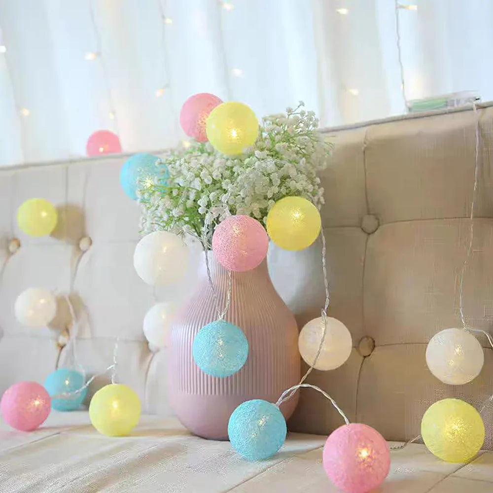 Cotton Ball String Lights LED Fairy Light Garland USB or Battery Powered Warm Glow for Bedroom | Nursery and Party Decoration