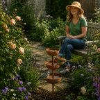 Tiered Bird Bath Garden Stake Rustic Copper Finish Iron Cascading Rain Bowls for Birds | Butterflies and Garden Borders