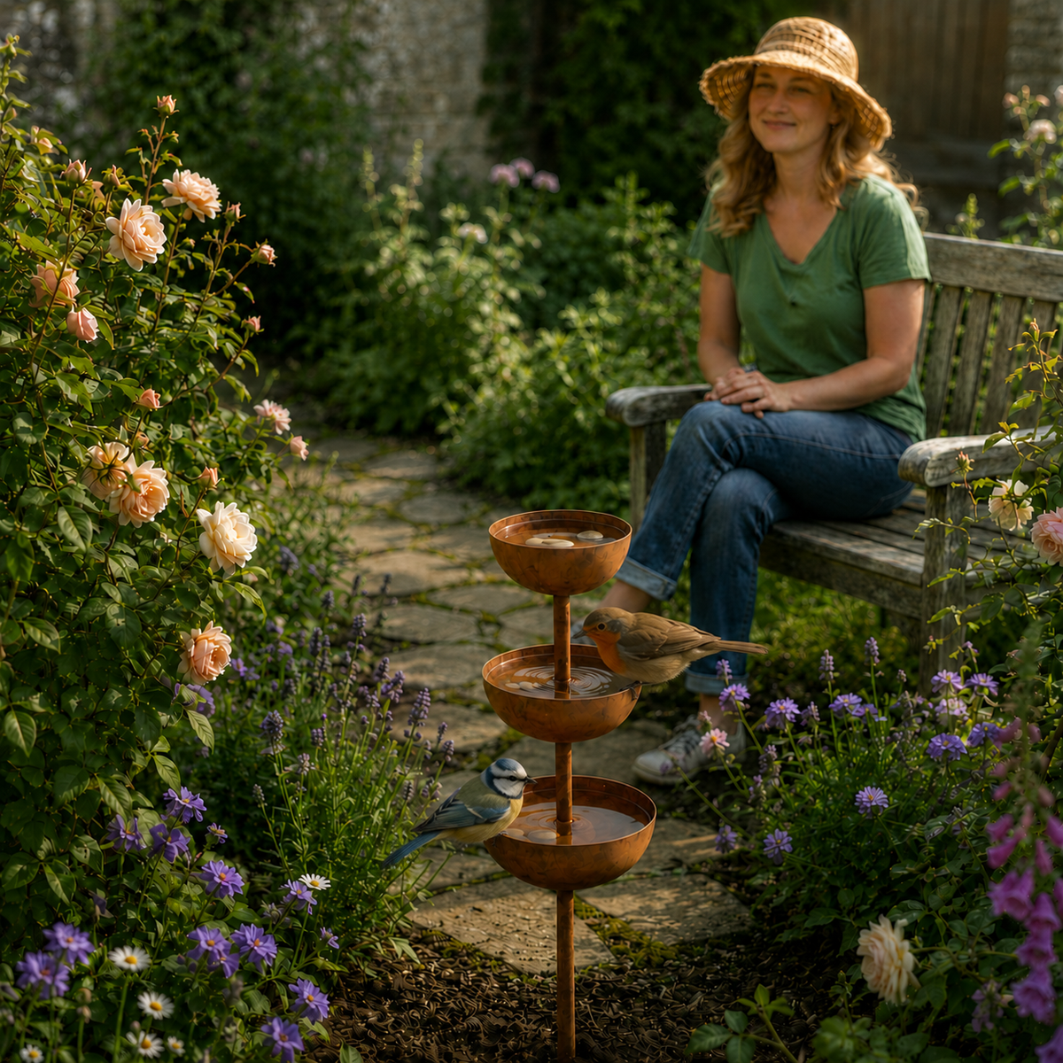 Tiered Bird Bath Garden Stake Rustic Copper Finish Iron Cascading Rain Bowls for Birds | Butterflies and Garden Borders
