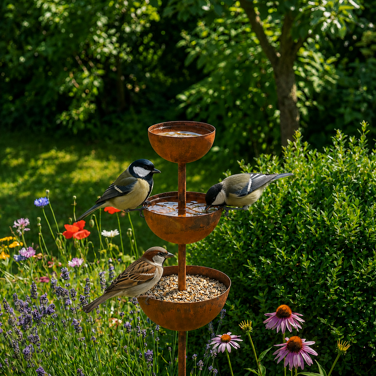 Tiered Bird Bath Garden Stake Rustic Copper Finish Iron Cascading Rain Bowls for Birds | Butterflies and Garden Borders