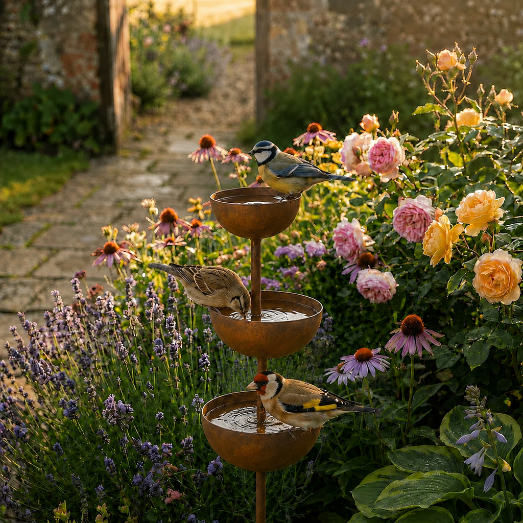 Tiered Bird Bath Garden Stake Rustic Copper Finish Iron Cascading Rain Bowls for Birds | Butterflies and Garden Borders