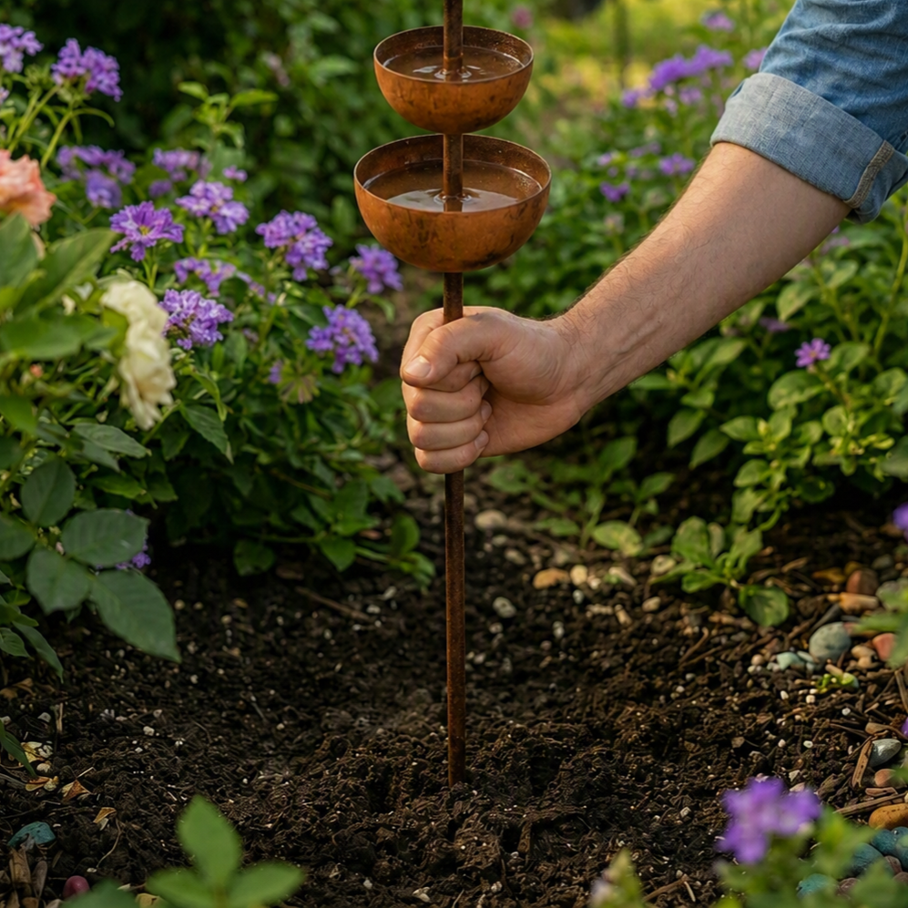 Tiered Bird Bath Garden Stake Rustic Copper Finish Iron Cascading Rain Bowls for Birds | Butterflies and Garden Borders