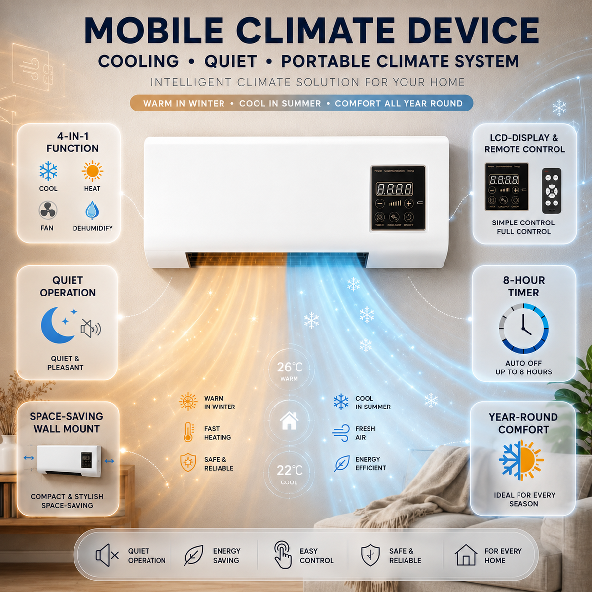 Wall Mounted Air Conditioner Cooling | Heating | Fan and Dehumidifier Compact Climate Unit with Remote Control | LCD Display and Timer for Bedroom