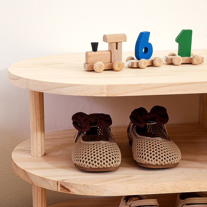 Japanese Style Pine Wood Kids Shoe Rack Curved Two-Tier Solid Wood Shoe Storage for Entryway | Hallway and Living Room