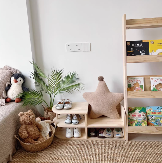 Japanese Style Pine Wood Kids Shoe Rack Curved Two-Tier Solid Wood Shoe Storage for Entryway | Hallway and Living Room