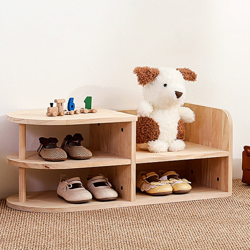 Japanese Style Pine Wood Kids Shoe Rack Curved Two-Tier Solid Wood Shoe Storage for Entryway | Hallway and Living Room