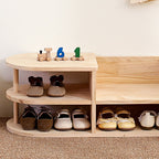 Japanese Style Pine Wood Kids Shoe Rack Curved Two-Tier Solid Wood Shoe Storage for Entryway | Hallway and Living Room